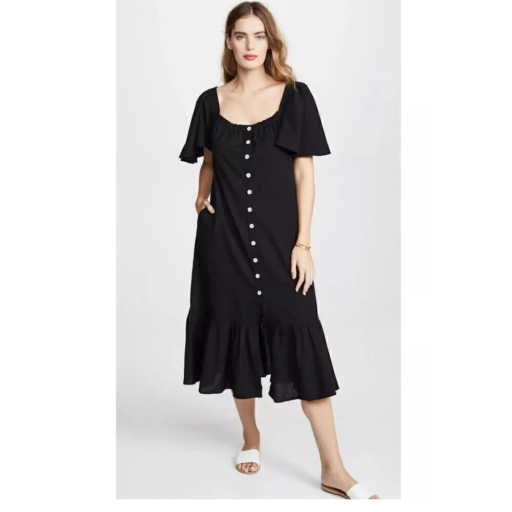 Free People Sweet Sunday Midi Dress Endless Summer Buttondown Black XS